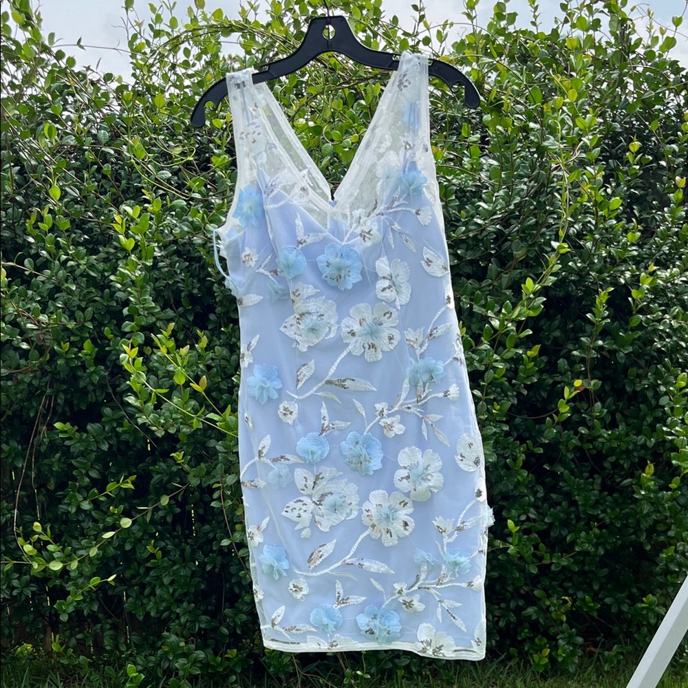 Adrianna Papell Blue and White Embroidered Dress
